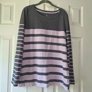 LANDS END Cotton Jersey Top Women L Striped Round Neck 3/4 Sleeve Purple